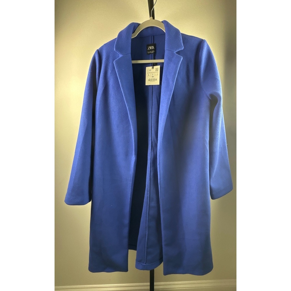Zara Longline Coat Women Large Royal Blue NWT Open Front Notched Lapel Soft Felt